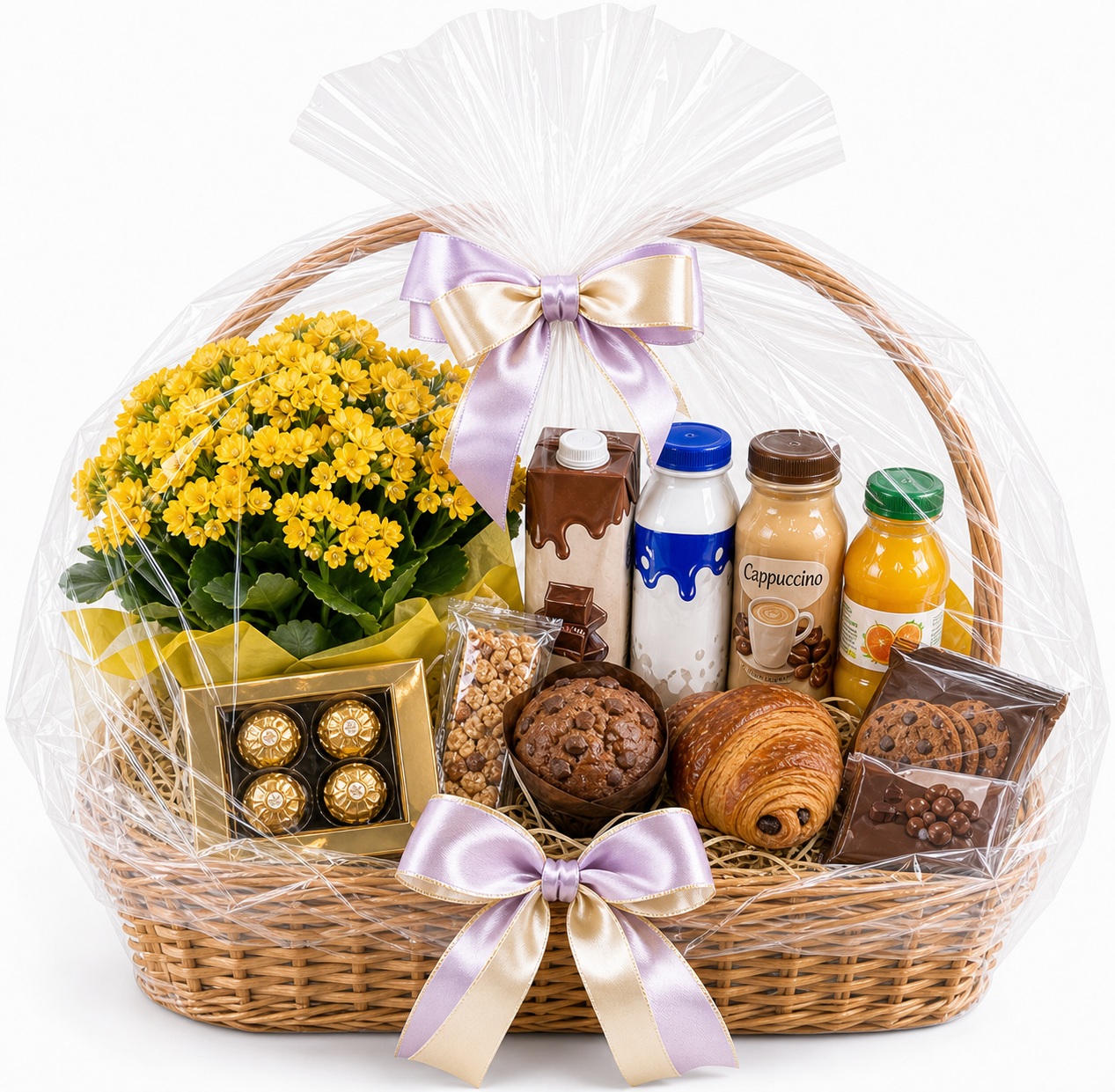 Cesta de Café da Manhã Surpresa com Flores e Chocolates Entregamos Hoje! Cesta de Pequeno Almoço para entrega em Portugal com compra online simples e apresentação cuidada.
