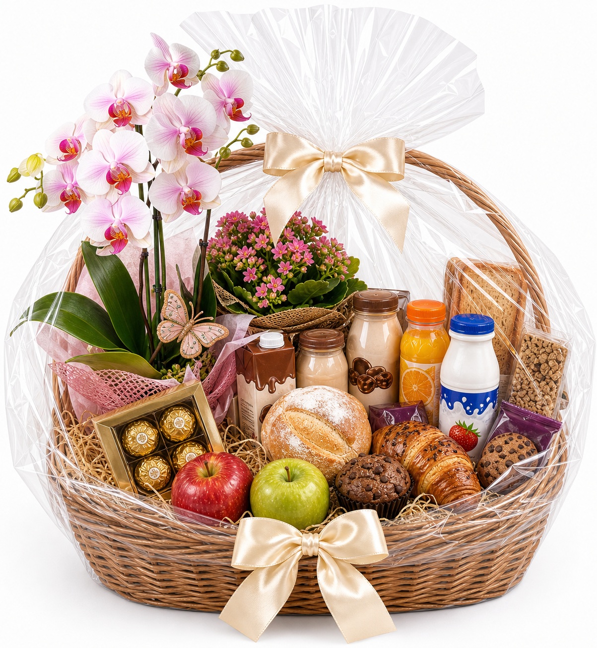 Café Manhã com Orquidea Frutas e Chocolates Cesta de Pequeno Almoço para entrega em Portugal com compra online simples e apresentação cuidada.