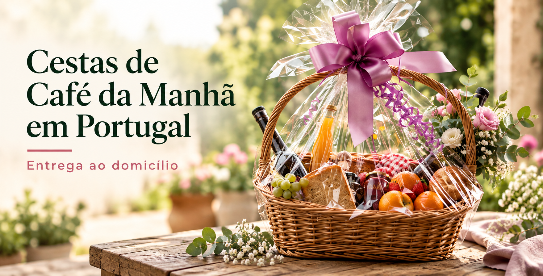 Cesta de café da manhã e pequeno-almoço com frutas, flores e produtos para entrega ao domicílio em Portugal