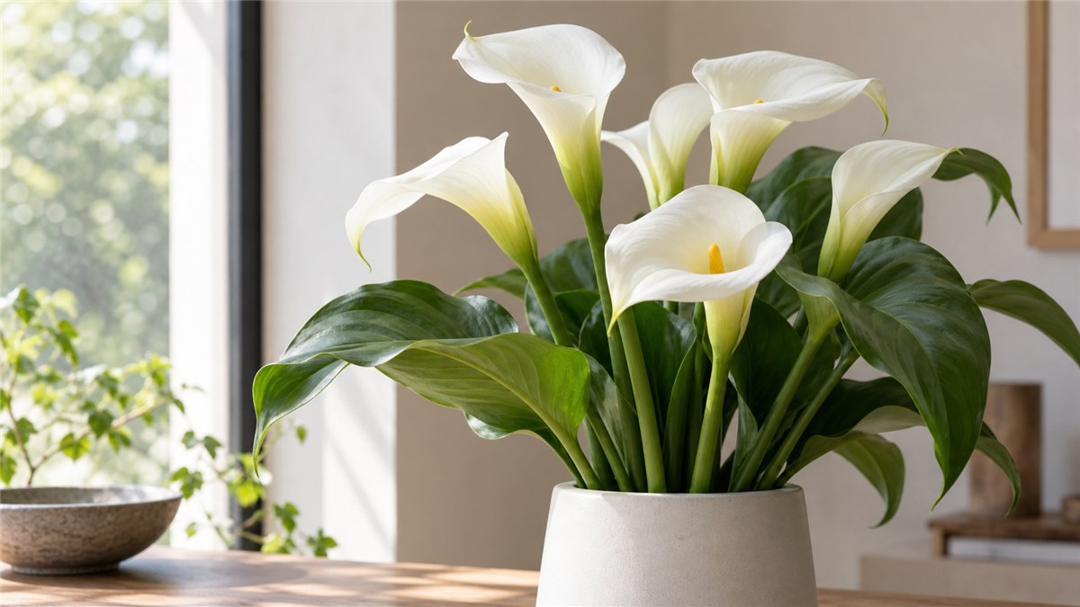 Flores copo-de-leite brancas num vaso minimalista