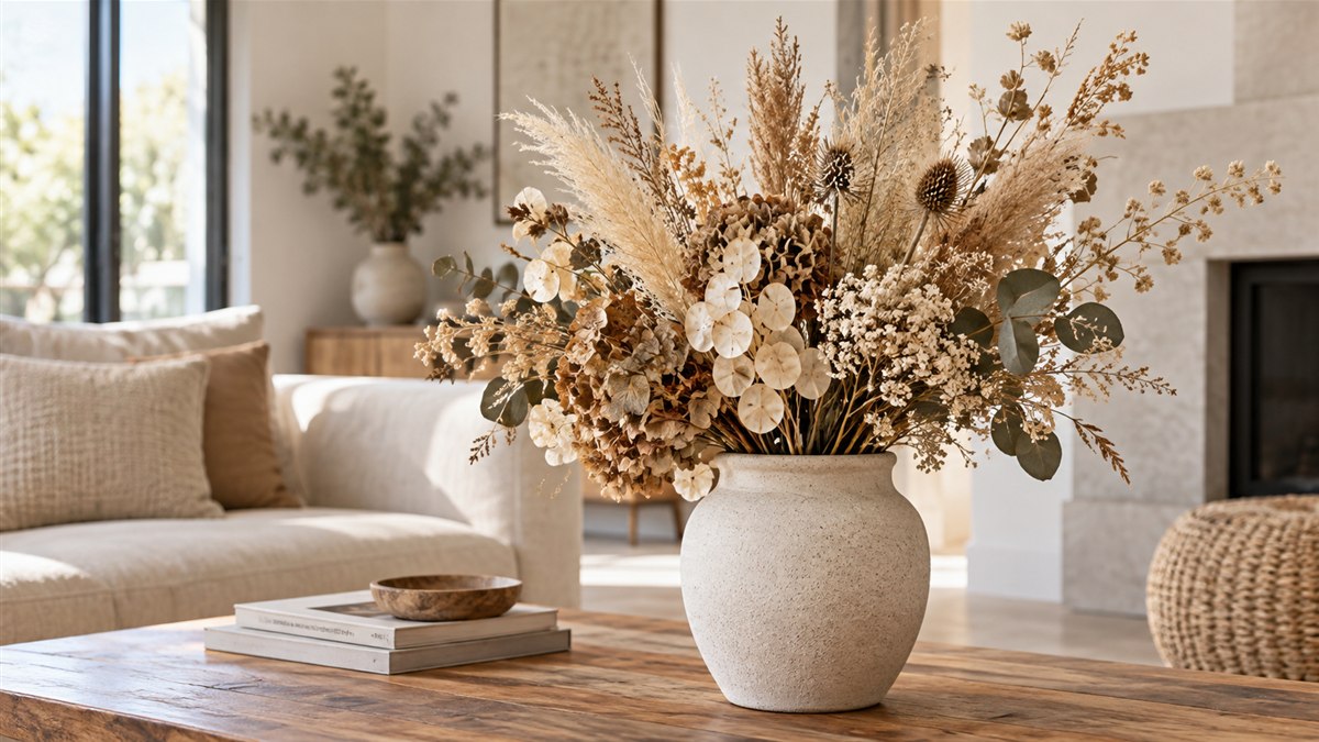 Arranjo de flores secas em vaso de cerâmica claro