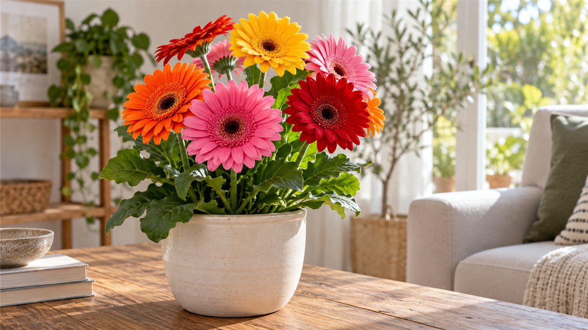 Gérberas coloridas frescas num vaso em ambiente luminoso