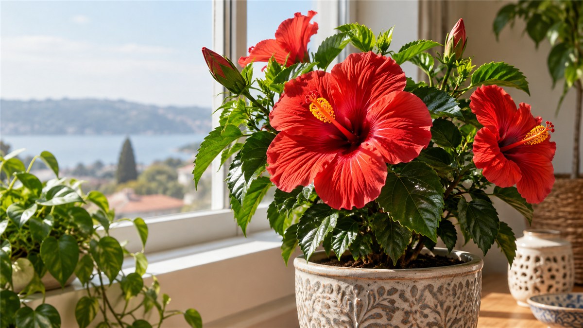 Hibisco vermelho em flor num vaso junto a uma janela