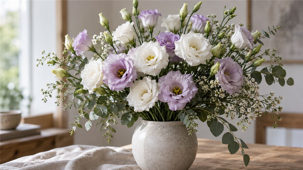 Lisianthus branco e lilás num arranjo floral delicado