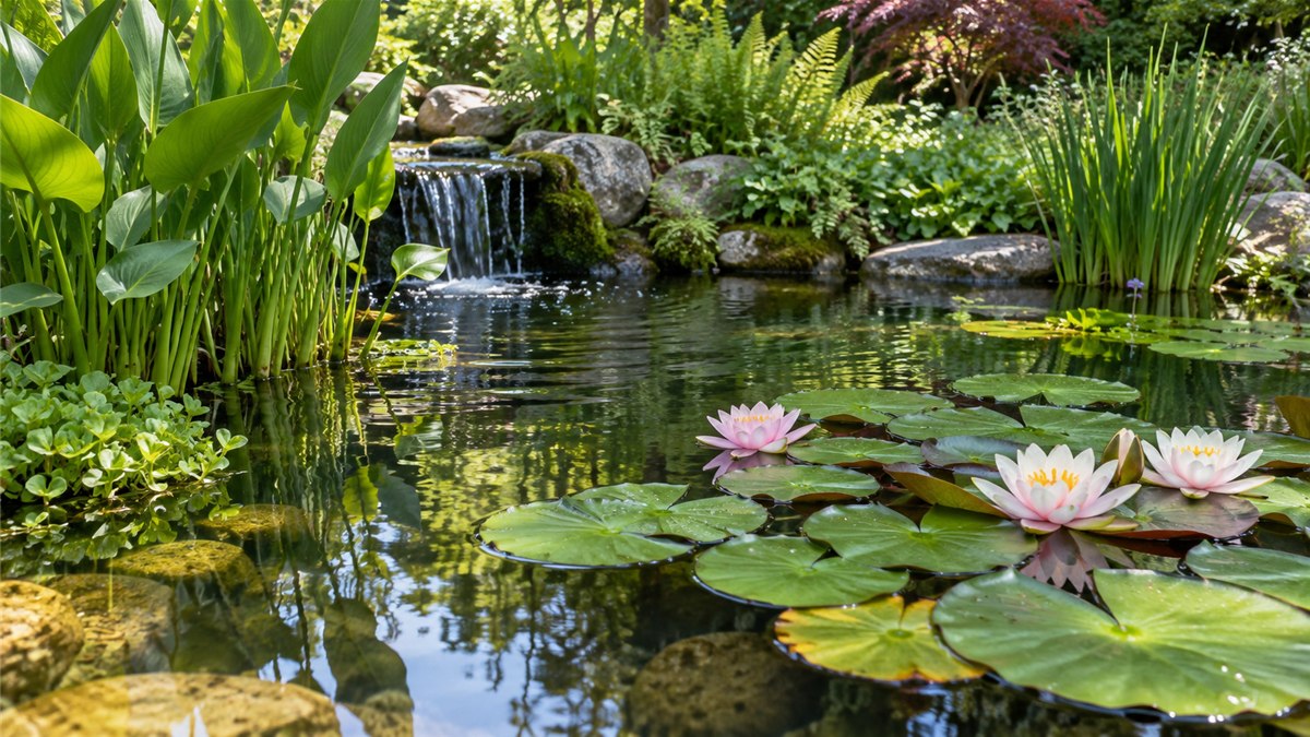 Plantas aquáticas e nenúfares num pequeno lago de jardim