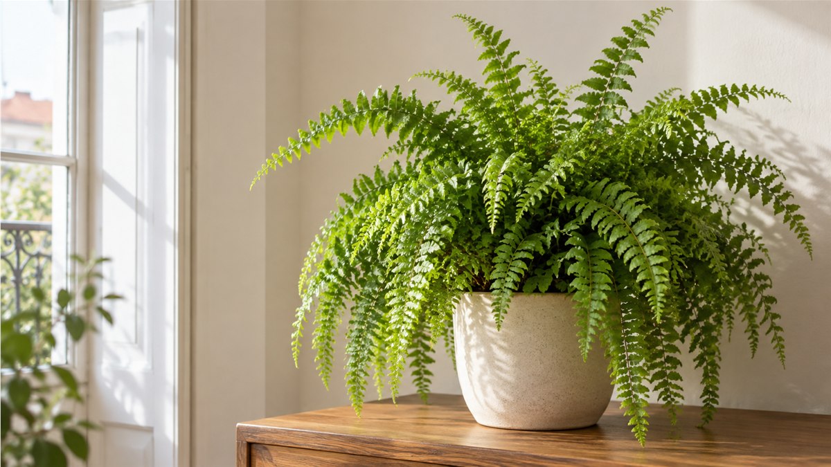 Samambaia verde em vaso num ambiente interior luminoso