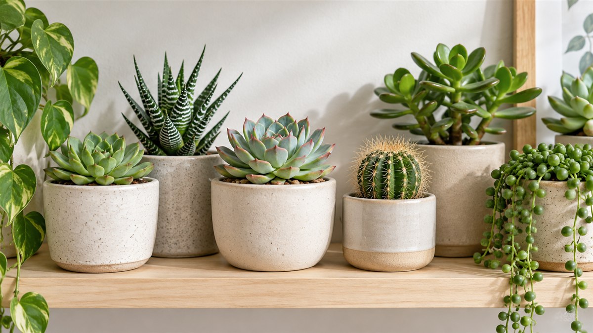 Suculentas e cactos saudáveis em vasos de cerâmica